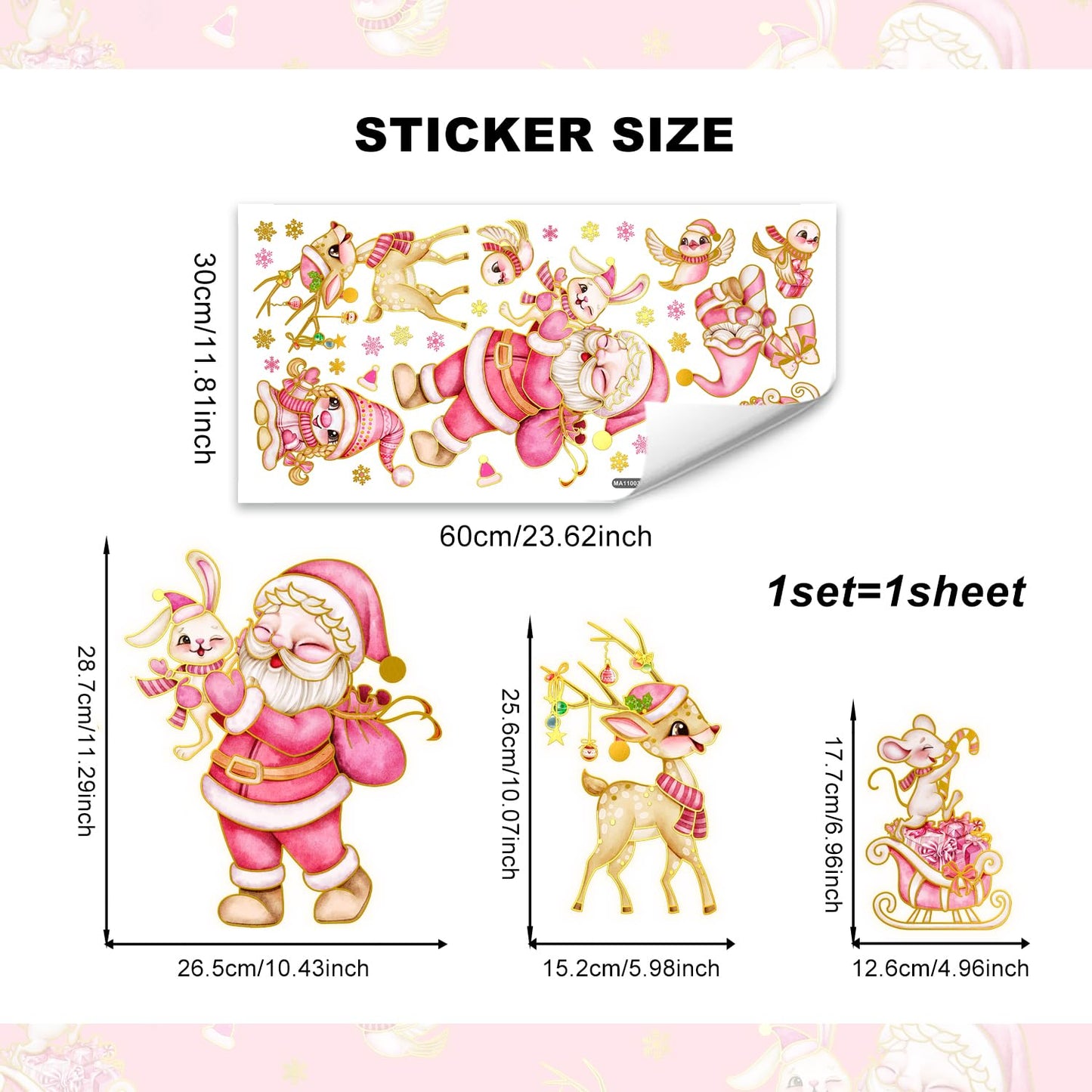 Wrdpyrmnis Pink Santa Claus Wall Stickers with Reindeer Christmas Gnome Window Sticker Decor Peel and Stick Wall Decals Window Clings for Room Classroom Christmas Decorations (1 Sheet)