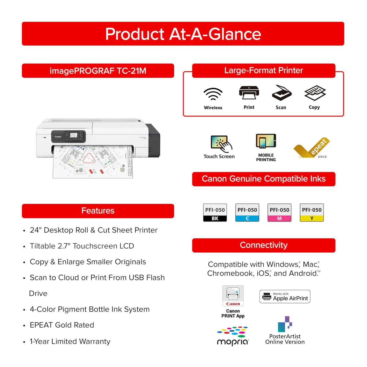 Canon imagePROGRAF TC-21M – Multifunction Printer| 24" Large Format Poster & Plotter Printer - Automatic Roll & Cut Sheet Paper Feeder, USB, Wi-Fi, LAN,White