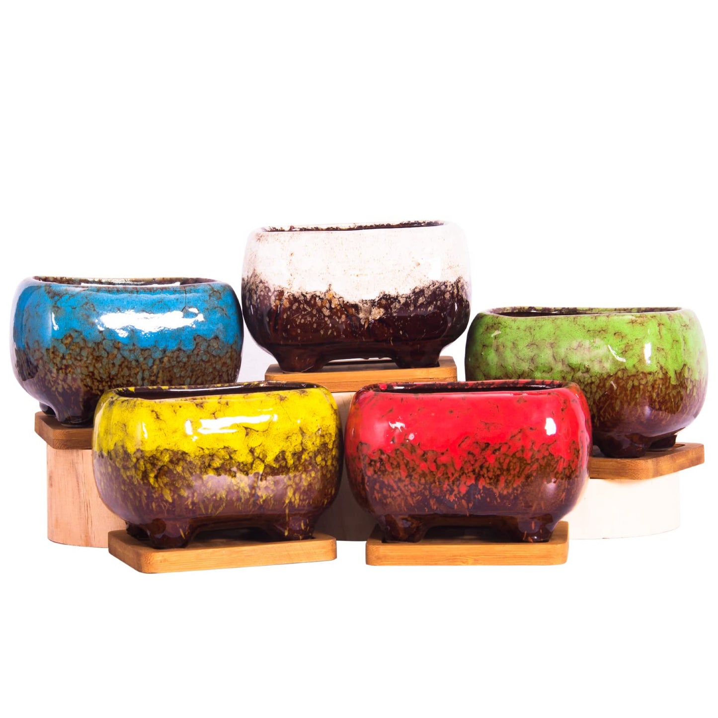 ARTKETTY Succulent Pots - 4.7 Inch Ceramic Succulent Planters Pots with Drainage Set of 5, Rectangular Bonsai Pots with Bamboo Trays Small Pots for Indoor Cactus Flower Plants for Home Office Decor