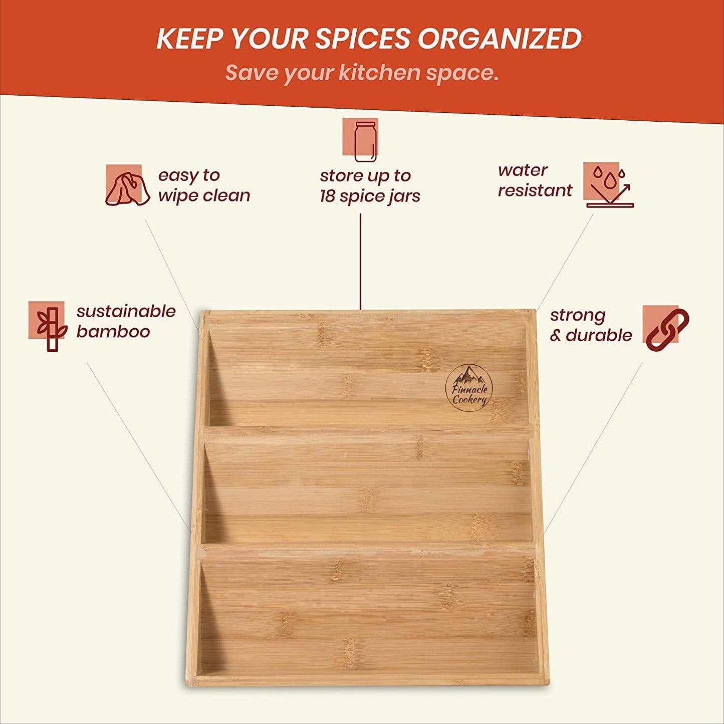 Pinnacle Cookery Bamboo Spice Rack Organizer for Countertop - Eco Friendly Seasoning Organizer 3-Tier Spice Shelf - Space Saving Wooden Spice Rack