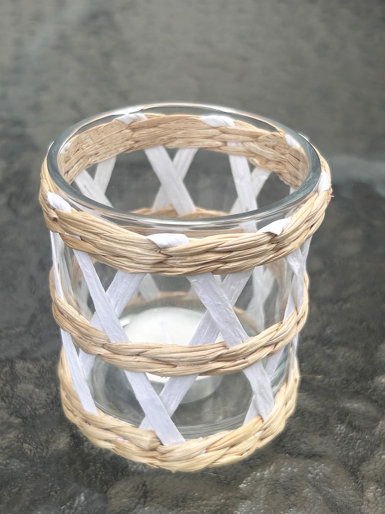 Pack 4 White Woven Rattan Tealight Candle Holders Candle Lantern - Coastal Tropical Glass Tea Light Holder Hurricane, Natural Seagrass Boho Hand Woven Votive Candle Holder