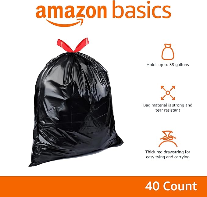 Amazon Basics Lawn & Leaf Drawstring Trash Bags, 39 Gallon