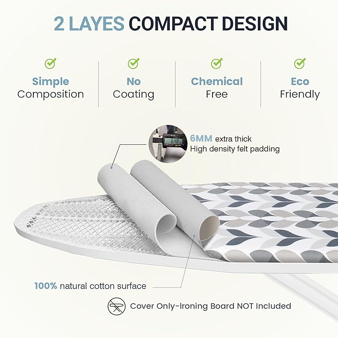 Ironing Board Cover and Pad 18"x49" Extra Thick Natural Cotton, Scorch and