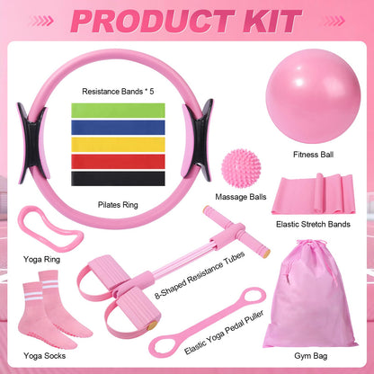 Pilates Kit 14 Pcs, Pilates Essentials Kit for Women, Pilates Equipment for Home with Yoga Circle Ball Ring, 5 Resistance Bands,Pedal Puller Resistance Band,Anti-Slip Socks for Starter Set Accessories