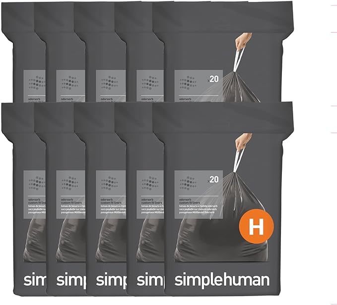 simplehuman Code H 200 Count, Genuine Odorsorb Custom Fit Liners, Drawstring