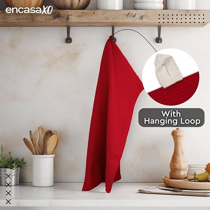 Encasa XO Kitchen Dish Towels Set | Red | Waffle Weave and Flat Hand Tea Towel