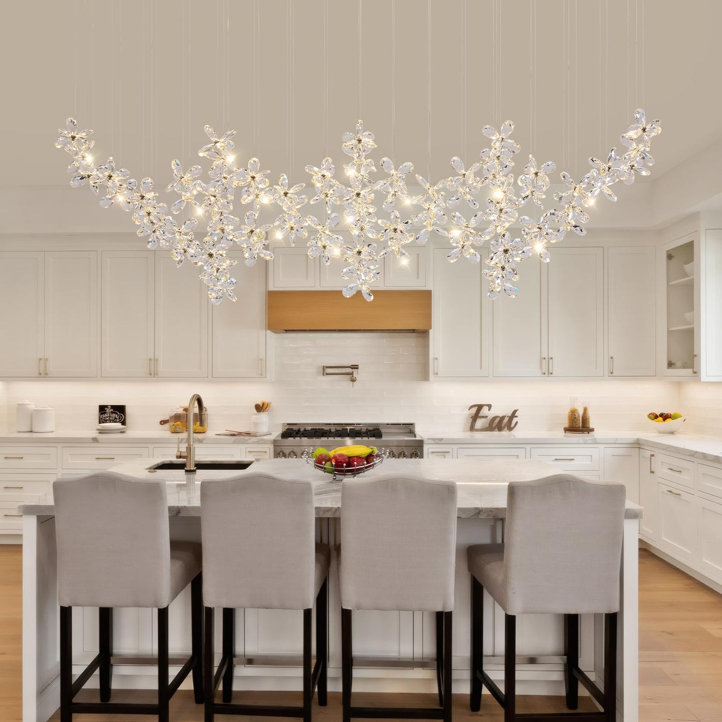 HAILUNBAO Rectangle Modern Dining Room Chandelier Kitchen Island K9 Crystal Raindrop Chandelier Sliver Linear Flower Chandelier for Dining Room Rain Drop Bling Lamps Kitchen Chandeliers Over Island