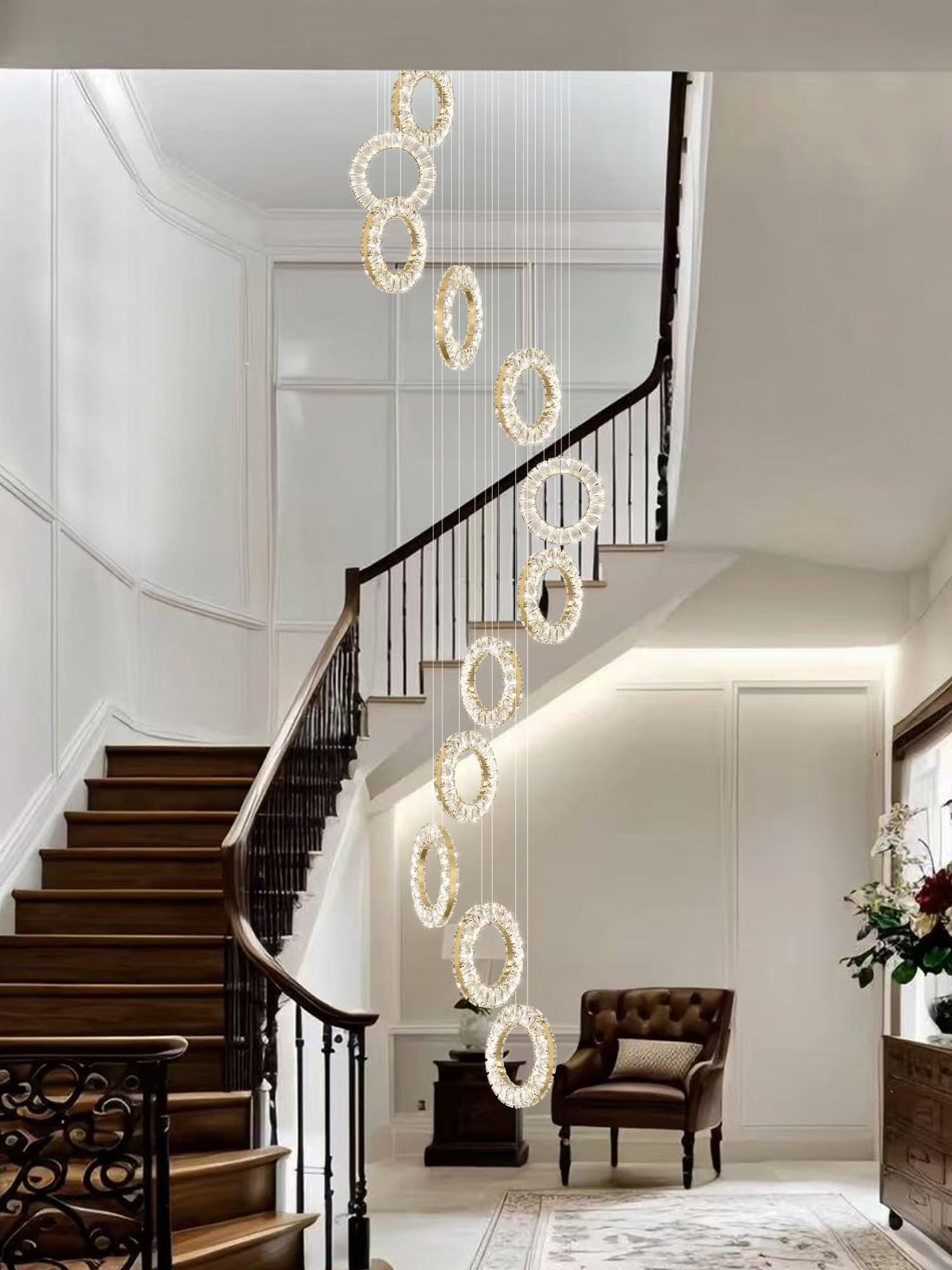 ykolupty 16 Rings High Ceiling Chandelier,Crystal Rings Chandelier,Staircase Chandeliers for High Ceilings,Foyer Chandeliers Entryway High Ceilings