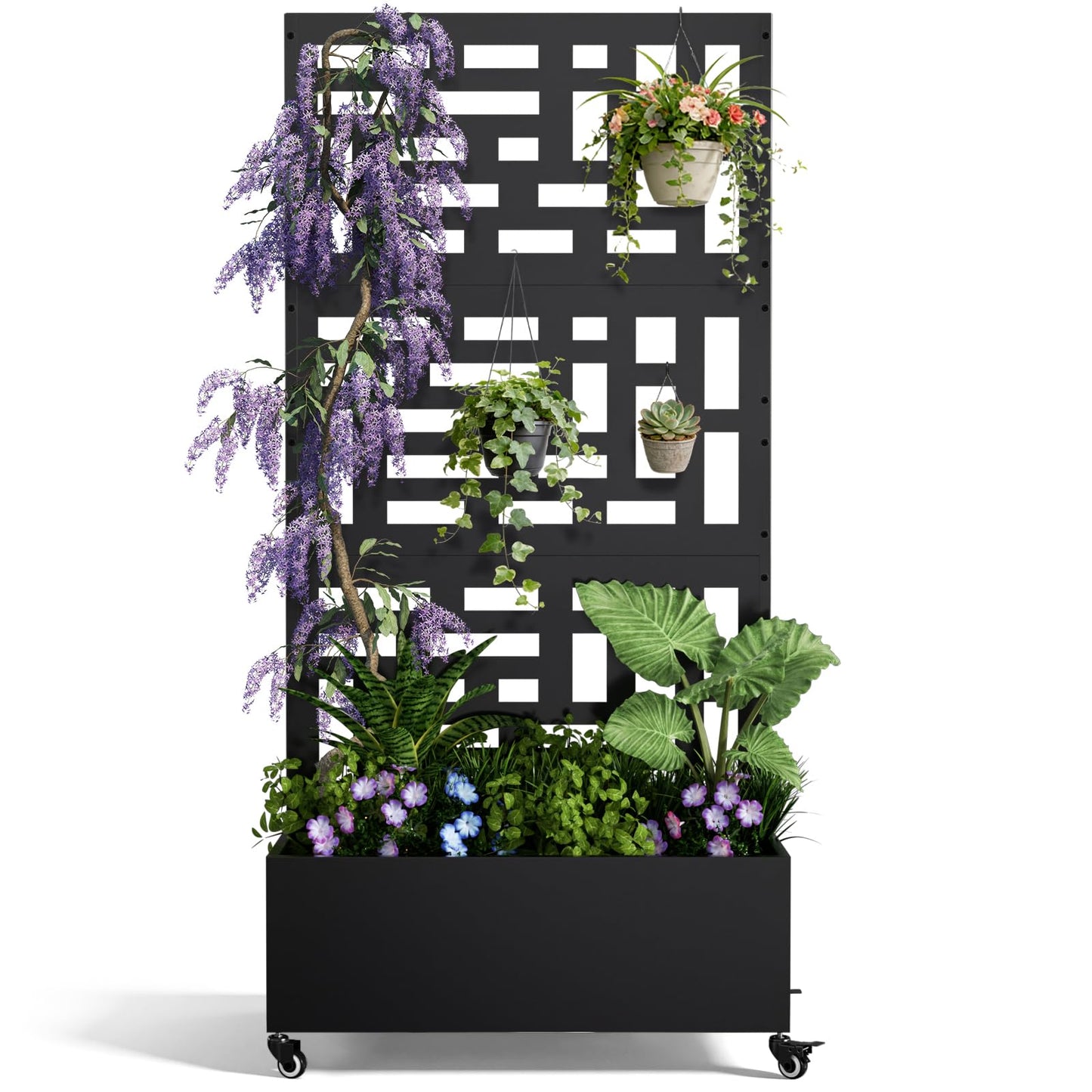 Baotree Metal Raised Garden Bed with Trellis and Wheels, 72"x 35"x 16" Privacy Planters for Patio, Planter Box with Drainage Holes for Climbing Plants, Flower, Vegetable (Black-Helen)