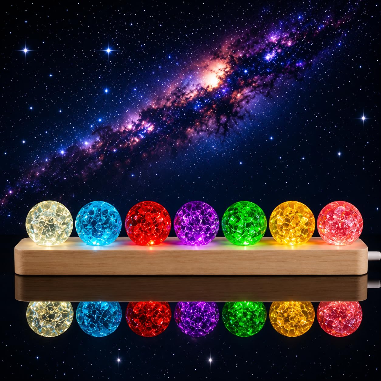 JINWU ClearPeak 7 Colors 40mm Ice Cracked Crystal Balls, Chakra Healing Sphere with LED Wooden Base, Glass Night Light for Home Living Room Meditation, Valentines Day (Set 7-Rainbow)