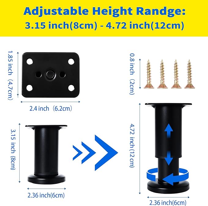 4 Pcs Adjustable Height Furniture Support Legs 3.15-4.72 inch, Metal Heavy Duty