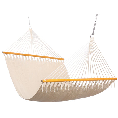 SANIWERKE® Double Caribbean Hammock 79" x 55" Woven Bed, 12 FT Long with Solid Spreader Bars, Hand Tightly Woven Rope Net, All Weather Outdoor Hammock for 2 Persons, 450 LBS Capacity, Warm Oatmeal
