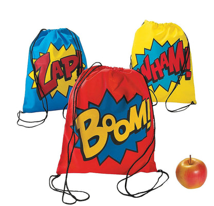 Superhero Drawstring Backpack Bags, Set of 12 - Comic Theme Birthday Party Favors, Giveaways and Handouts