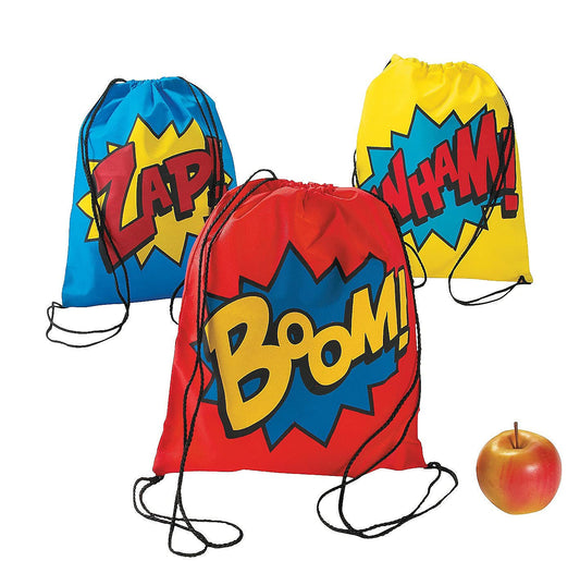Superhero Drawstring Backpack Bags, Set of 12 - Comic Theme Birthday Party Favors, Giveaways and Handouts