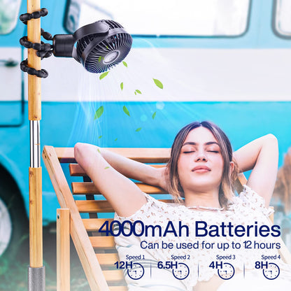 SMARTDEVIL Portable Stroller Fan, 4000mAh Small Battery Operated Baby Fan with Buckle, 4 Speeds Car Seat with Flexible Tripod, Dual 360° Rotatable, for Crib, Peloton Bike, Travel