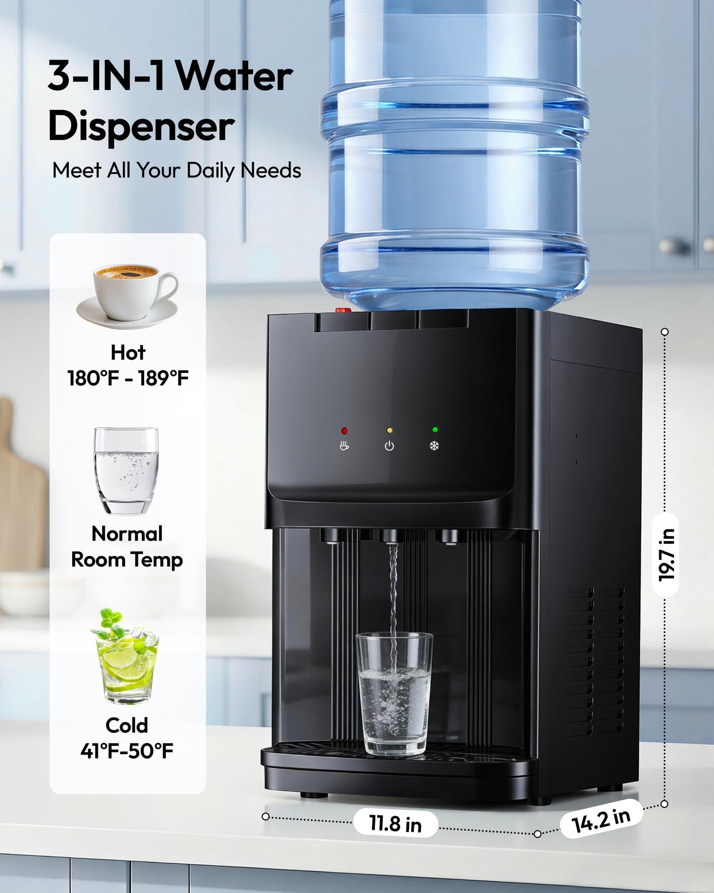 Euhomy Top Load Water Dispenser for 3 or 5 Gallon Bottles, Countertop Water Cooler with 3 Temperatures, Hot & Cold Water with Child Safety Lock, for Home, Office, Kitchen