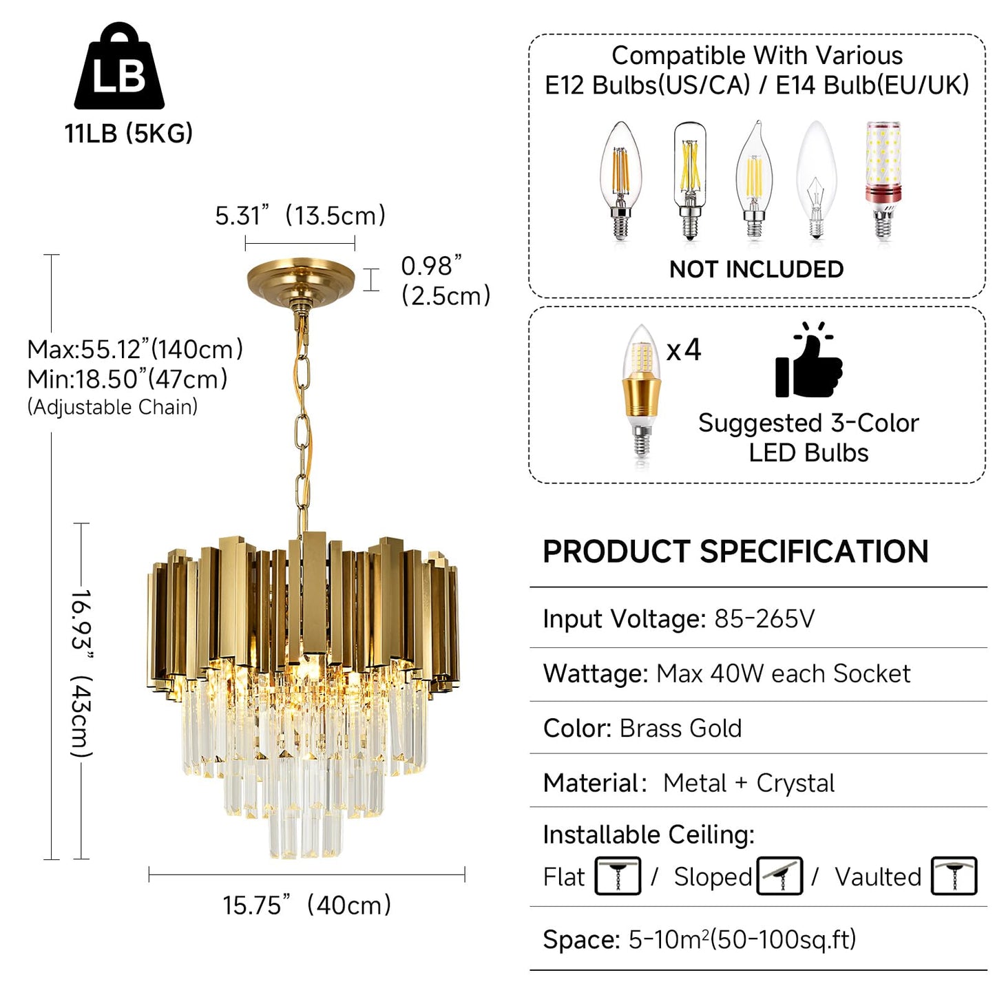 AOOCHOK Modern Crystal Chandelier Gold Pendant Light Fixtures, Small Crystal Pendant Lighting for Entryway, Corridor, Balcony, Porch, Restaurant, Door Opening, E26 x 3, Φ16inch