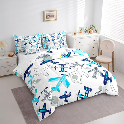Erosebridal Kids Airplane Twin Bedding Set 7-Piece Aircraft Bed in A Bag with Sheets for Kids Boys Teens Aviation Theme Cartoon Comforter Set Teal Blue Airplanes Bedding Comforter Sets