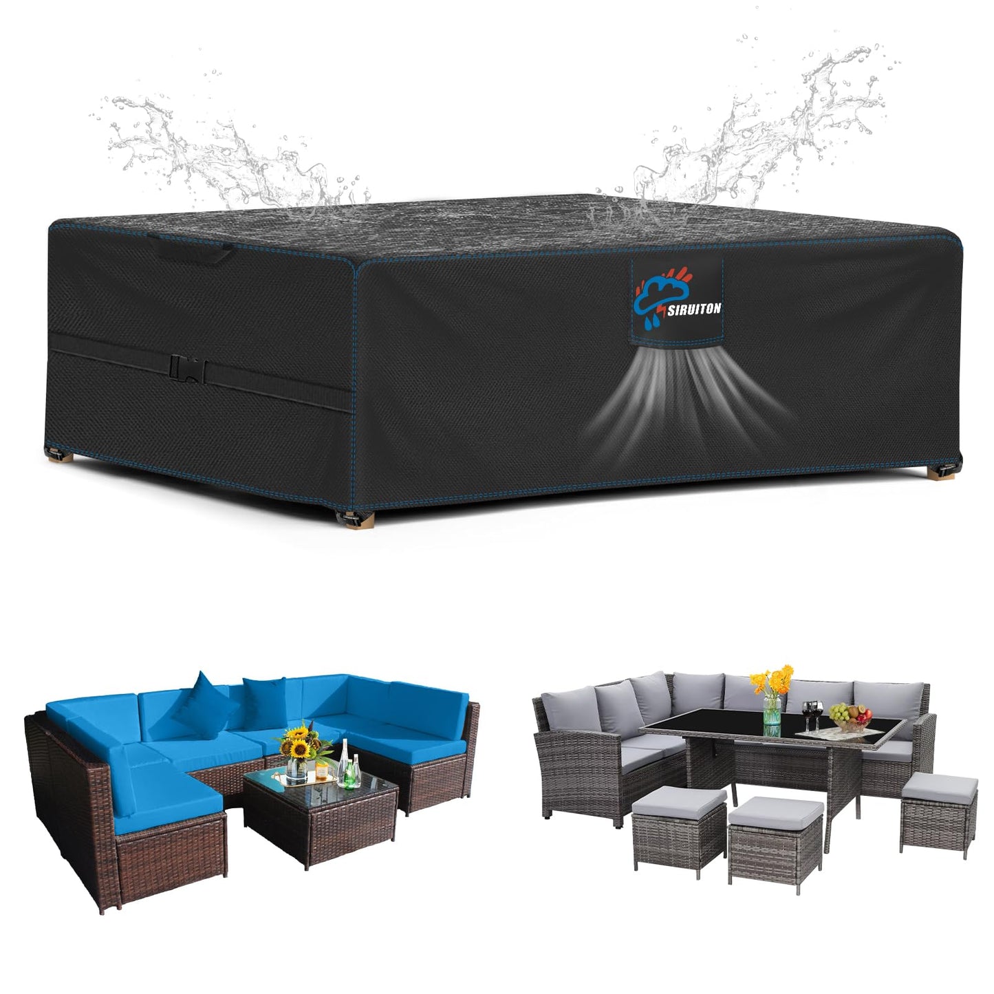 SIRUITON 200x200x90cm Cube Garden Furniture Cover, Heavy Duty 420D Oxford Fabric Waterproof Patio Garden Rattan Cube Table Set Cover with Air Vent, Square Black