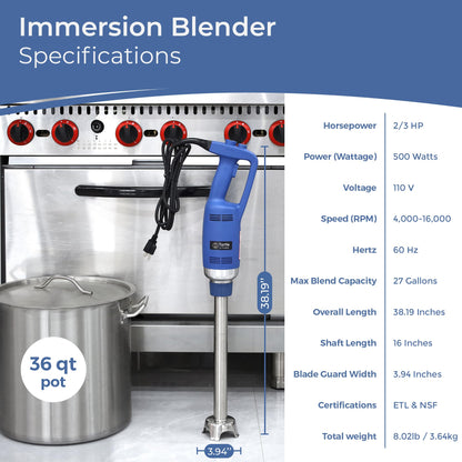 TK Commercial Immersion Blender, 500 Watt/.5 HP Variable Speed Motor, 16,000 RPM Heavy Duty with Performance Assurance - 16"