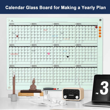TSJ OFFICE Glass Calendar Whiteboard - 48 x 36 Inches Wall Mounted Yearly Calendar Dry Erase Board, Large Magnetic Glass White Board for Office, Home & School