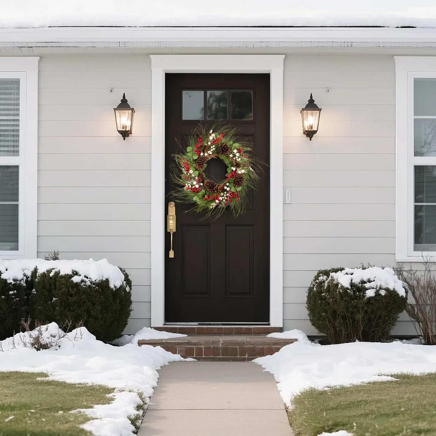 wwmira 26 Inch Large Christmas Wreath for Front Door, Extra-Large Artificial Wreath with Pine Cones, Red & White Berries, Nuts and Eucalyptus on Grapevine Base, Big Outdoor Holiday Decor