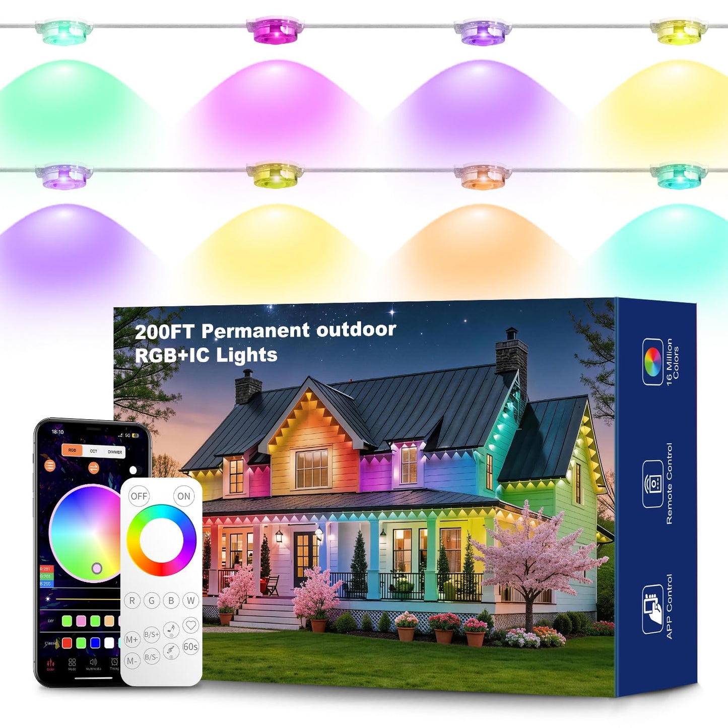 MILADALED Permanent Outdoor Lights RGB Smart IC 200FT/100LEDs Decor IP68 Waterproof Music Sync with Remote&APP Control Suitable for Holiday Decoration Christmas Lights Garden Party Decor Deck