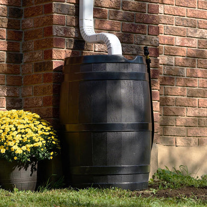 FCMP Outdoor 45 Gallon Heavy Duty Rain Water Catcher Barrel Container with Hose and Debris Screen for Outdoor Plants, Garden, and Landscapes (RC45-BLK) Black