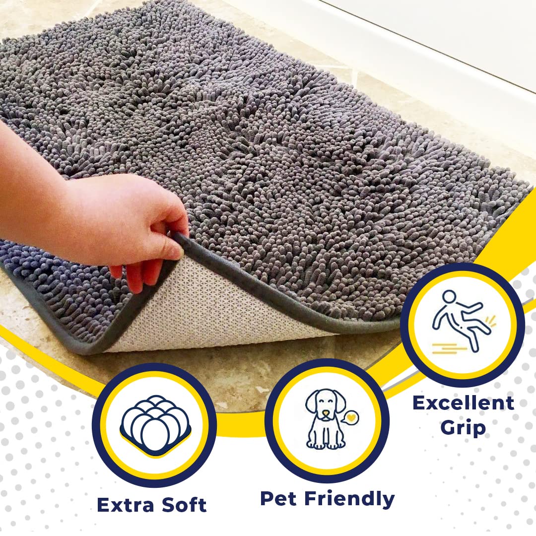 Muddy Mat AS-SEEN-ON-TV Highly Absorbent Microfiber Door Mat and Pet Rug, Non Slip Thick Washable Area and Bath Mat Soft Chenille for Kitchen Bathroom Bedroom Indoor and Outdoor - Grey Medium 30"X19"