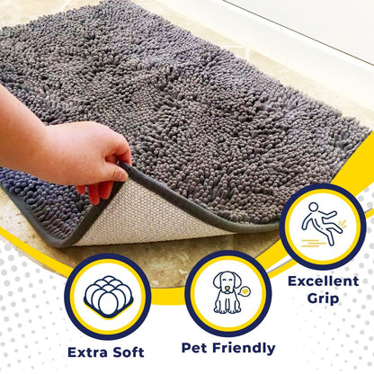 Muddy Mat AS-SEEN-ON-TV Highly Absorbent Microfiber Door Mat and Pet Rug, Non Slip Thick Washable Area and Bath Mat Soft Chenille for Kitchen Bathroom Bedroom Indoor and Outdoor - Grey Medium 30"X19"