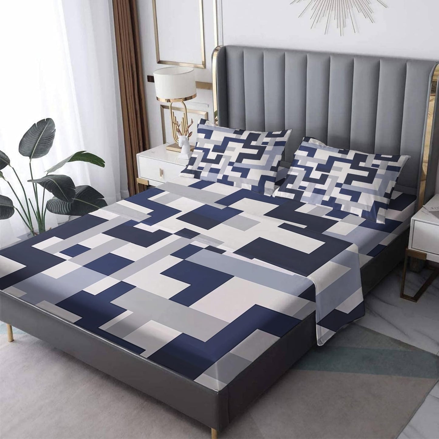 NOGAWA Abstract Sheets Full, Geometric Modern Bed Sheets, Deep Pocket & Soft Microfiber Bedding Sheets & Pillowcases 4 Piece - Fitted Sheet & Flat Sheet & 2 Pillow Cases
