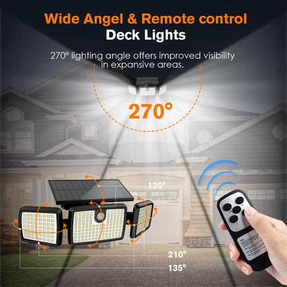 Solar Lights Outdoor, Quick Charge Solar Motion Deck Lights Outdoor for Deck with 232LEDs High Brightness, Larger Built-in Tempered Glass Panel, Sensitive PIR Motion Inductor (Remote,2 Pack)