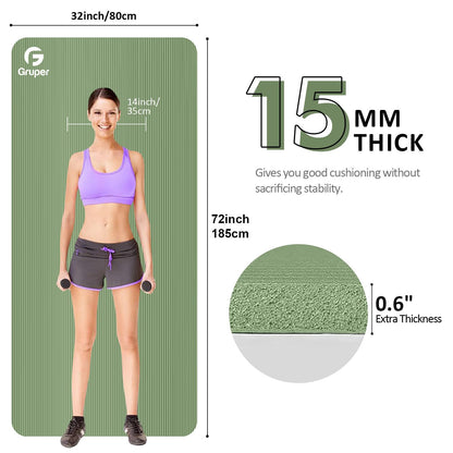 Yoga Mat Non Slip NBR Thick Yoga Mat, 72"L x 32"/24"W x 0.6"/0.4"TH (185cm x 80cm/61cm x 15mm/10mm), Anti-Tear Exercise Mat with Carrying Strap and Bag, Workout Mats for Yoga, Pilates, Floor Exercises