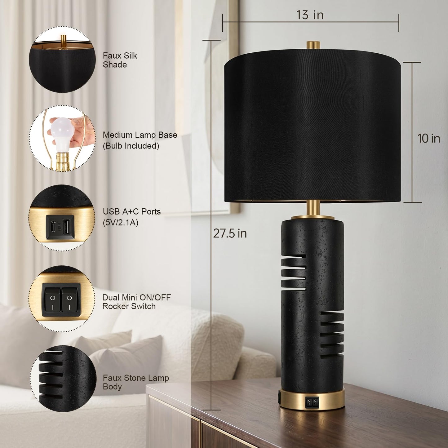 KIVDITZO 27.5" Faux Stone Table Lamps Set of 2, Farmhouse Table Lamps for Living Room with Night Light & USB A+C Ports, Black Lamps with Faux Silk Shade for Bedroom Nightstand Office (Bulb Included)