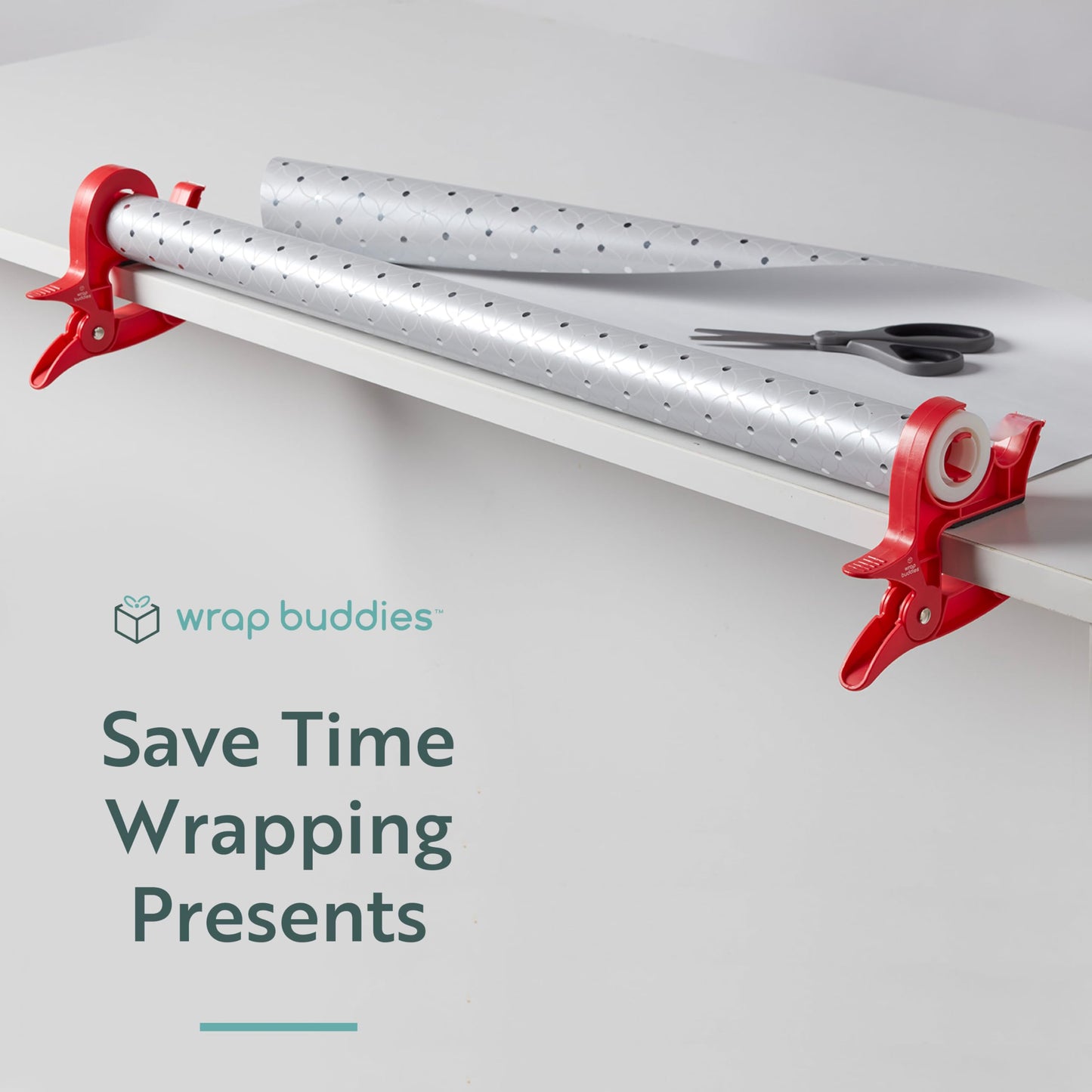 Wrap Buddies Tabletop Gift Wrapping Tool with Tape Dispenser – Set of 2 Adjustable Wrapping Paper Table Clamps with Craft Tape Dispenser - Perfect for Holidays and Crafting - Cherry Red