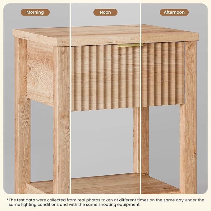 Fluted Night Stand with Golden Handle, Mid-Century Nightstands with Drawer