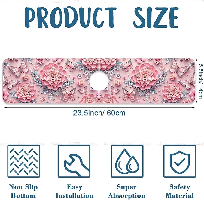 Pink Floral Sink Splash Guard Faucet Mat Flower Butterfly Super Absorbent Fast