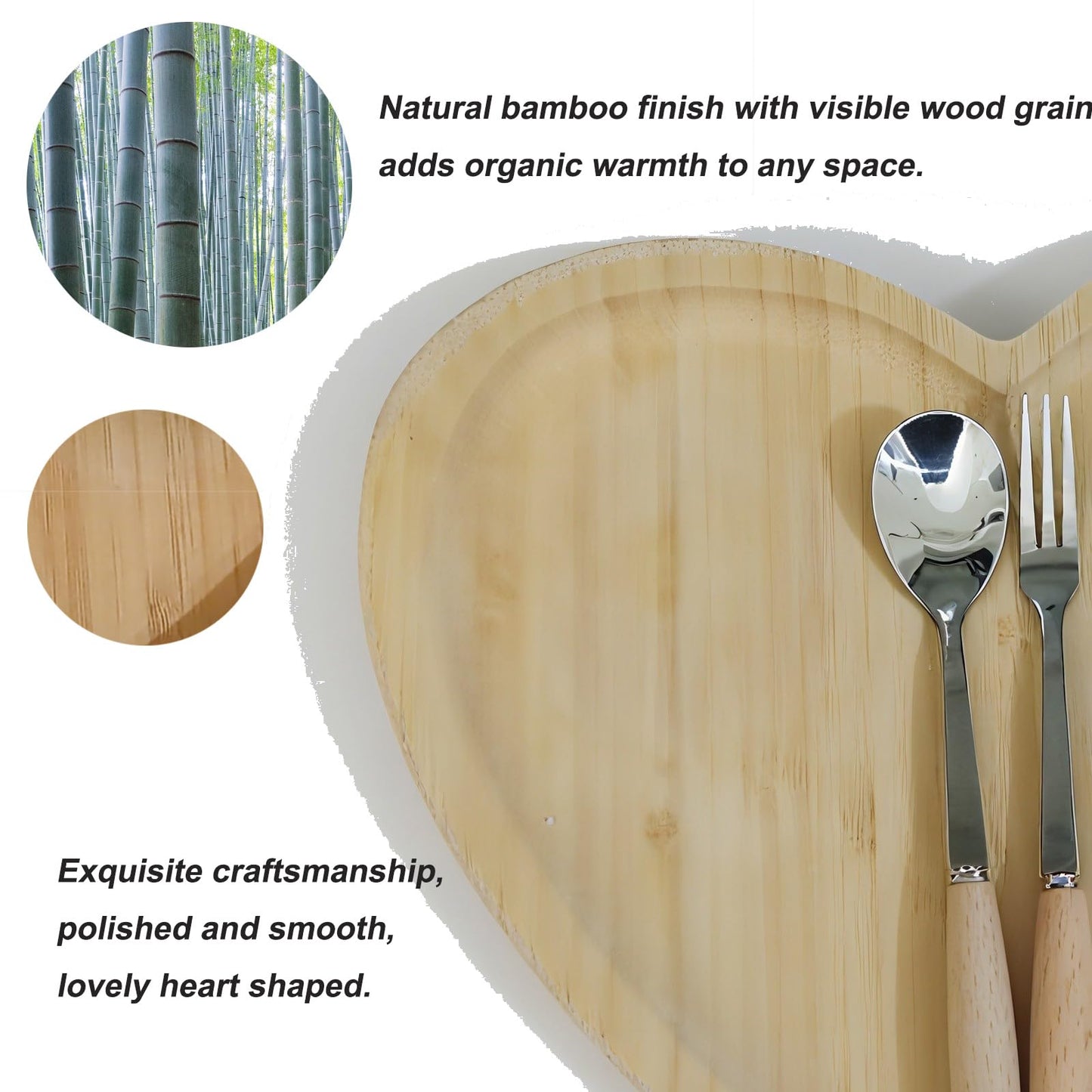 Heart Shaped Bamboo Wooden Serving Tray,Serving Platter & Jewelry Organizer Tray, Includes Coffee Spoon & Dessert Fork, for Home Restaurant Valentine Christmas Table Decor(9" x 8")