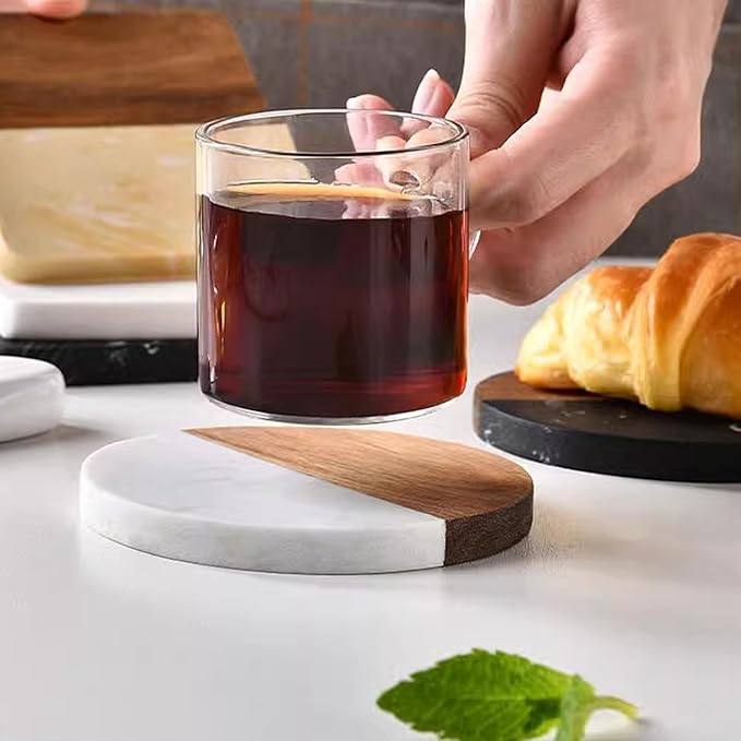 I-LAN 8-Pack Marble and Acacia Wood Coasters, 4-Inch Round Modern Drink Coaster