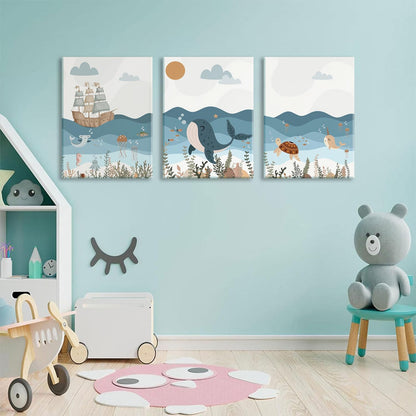 LYPHNX Framed Blue Ocean Nautical Nursery Canvas Wall Art Sea Turtle Whale Animal Painting Picture Set of 3 Kids Prints Poster Wall Decor for Baby Boys Girl Children's Room Bedroom Bathroom 12"x16"