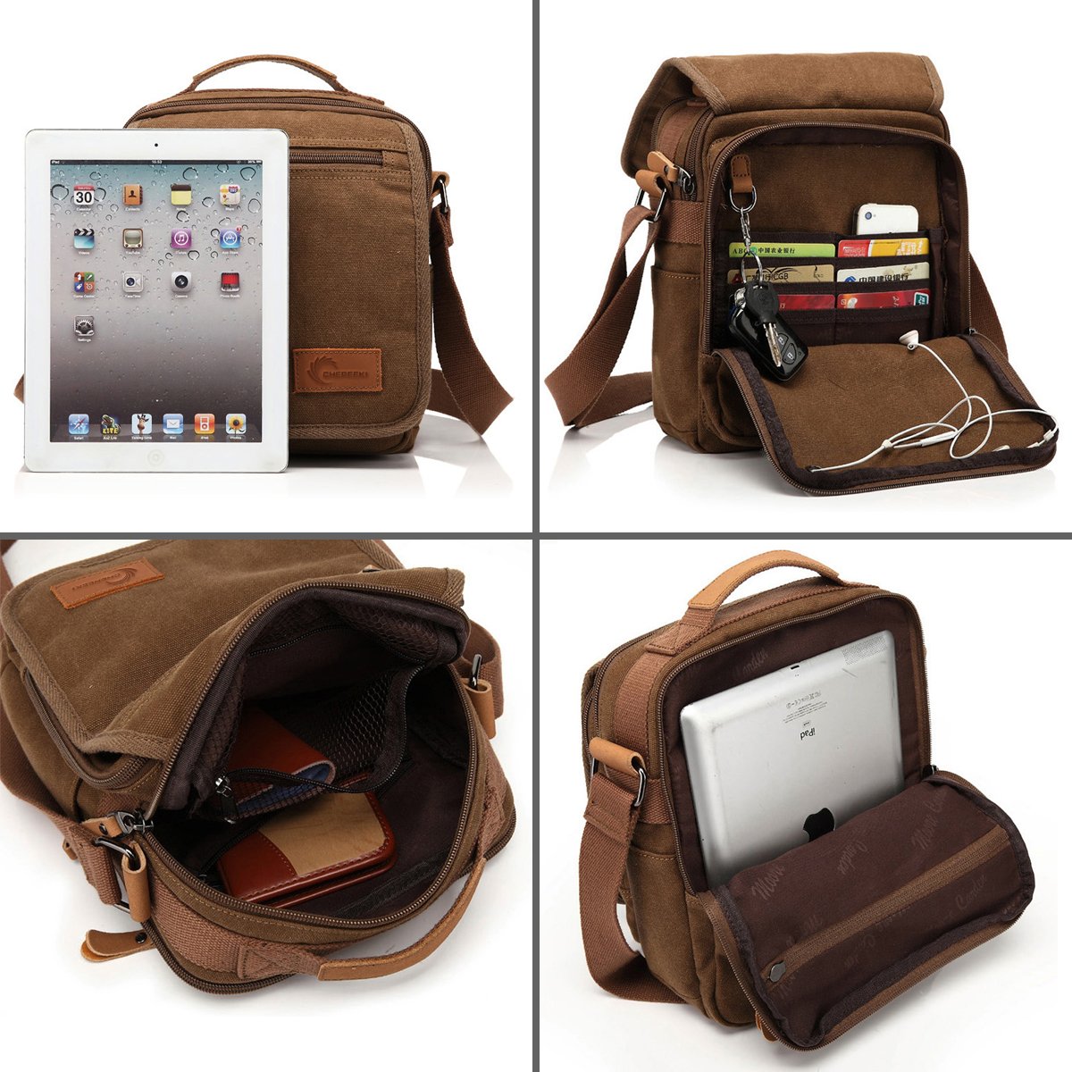 CHEREEKI Canvas Bag, Shoulder Bag Messenger Bag with Multiple Pockets (Hold 10 inch Tablet, Kindle)