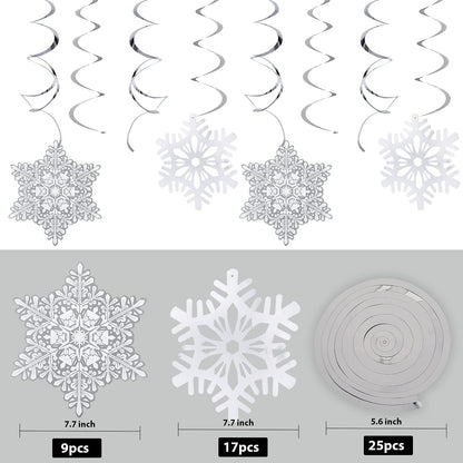 Ouddy Life 51 Pcs Christmas Snowflake Swirl Hanging Decorations, White Silver Snowflake Ornaments Decorations for Christmas New Year Holiday Winter Wonderland Frozen Theme Birthday Party Decorations