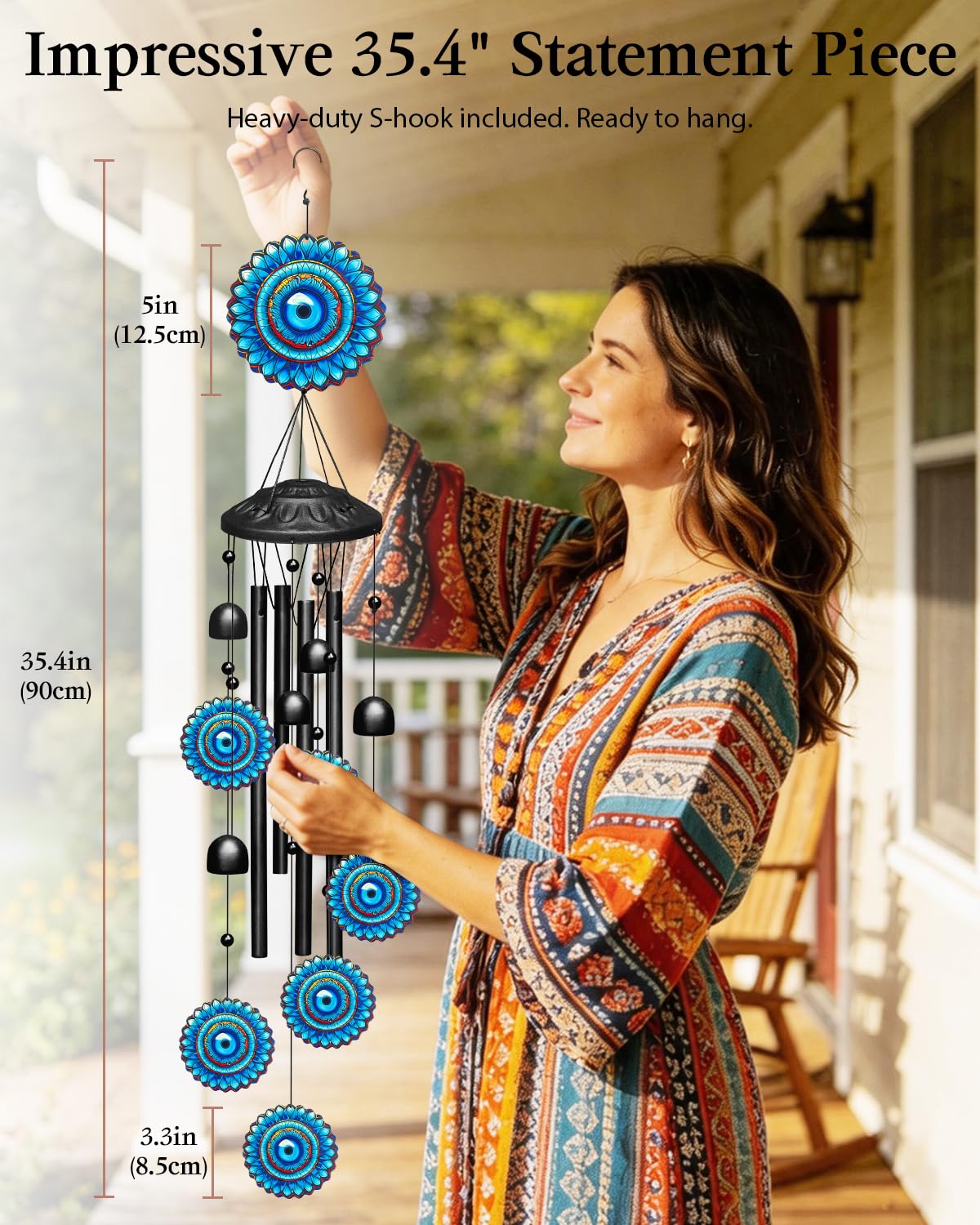 Evil Eye Wind Chimes for Outside Boho Decor, Large 35.4" Anti-Tangle Clapper-Free Tube Windchime, Radiant Sunflower Mandala Patio Ornament, Soothing Melodic Metal Bells for Garden, Yard, Balcony