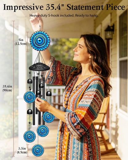 Evil Eye Wind Chimes for Outside Boho Decor, Large 35.4" Anti-Tangle Clapper-Free Tube Windchime, Radiant Sunflower Mandala Patio Ornament, Soothing Melodic Metal Bells for Garden, Yard, Balcony