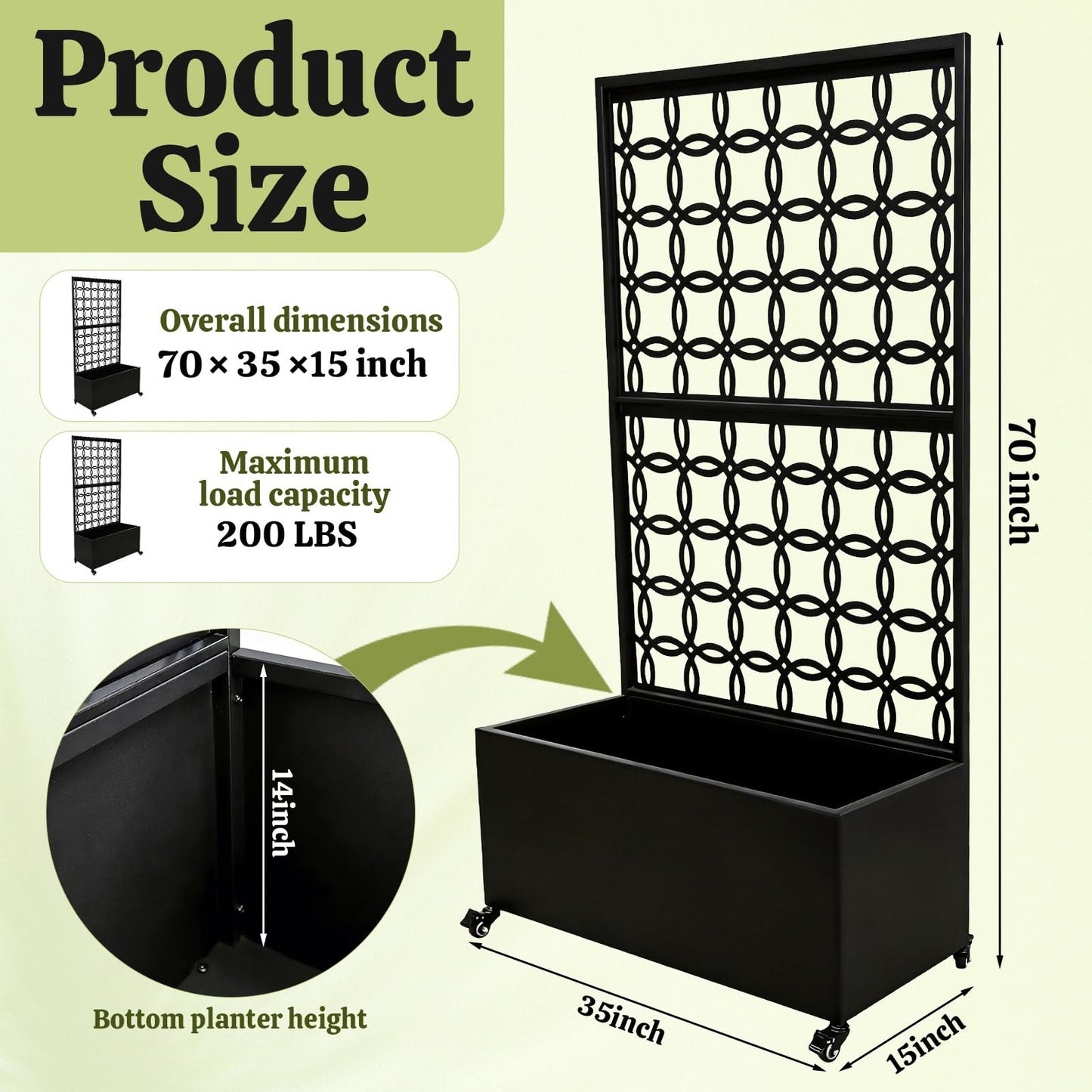 LZALMMS Metal Raised Garden Bed with Trellis and Wheels, 70"x35"x15" Large Planter Box for Climbing Plants & Vegetables, Outdoor Rolling Planter with Drainage Holes and Privacy Screen (Black)