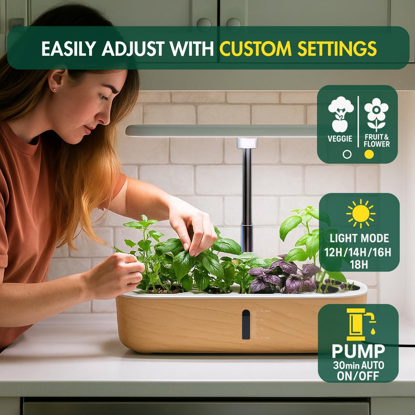 Hydroponics Growing System Kit, Indoor Herb Garden, 14 Pods Upgraded LCD Display, LED Grow Light Quiet Smart Water Pump Automatic Timer, Hydroponic Planter for Home Kitchen Office (White)