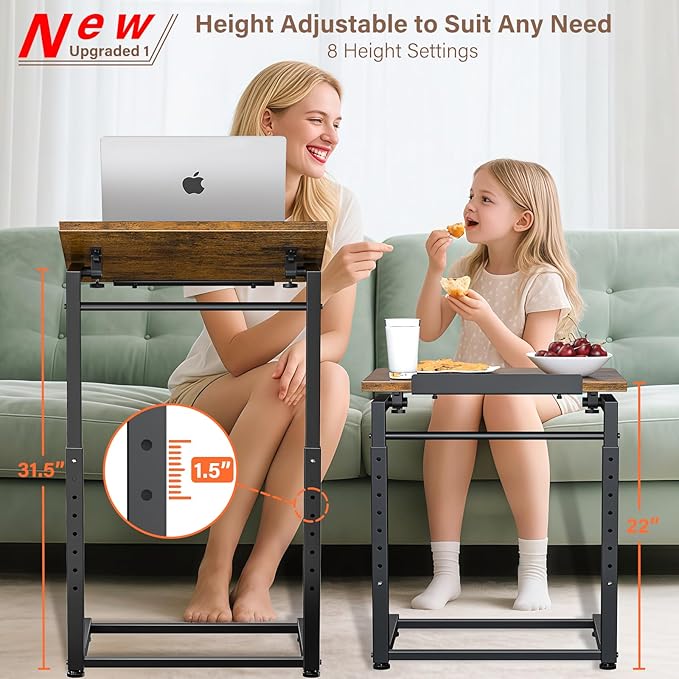 Tv Tray Table, 8-Level Adjustable Height Couch Side Table，90° Tilt Angle