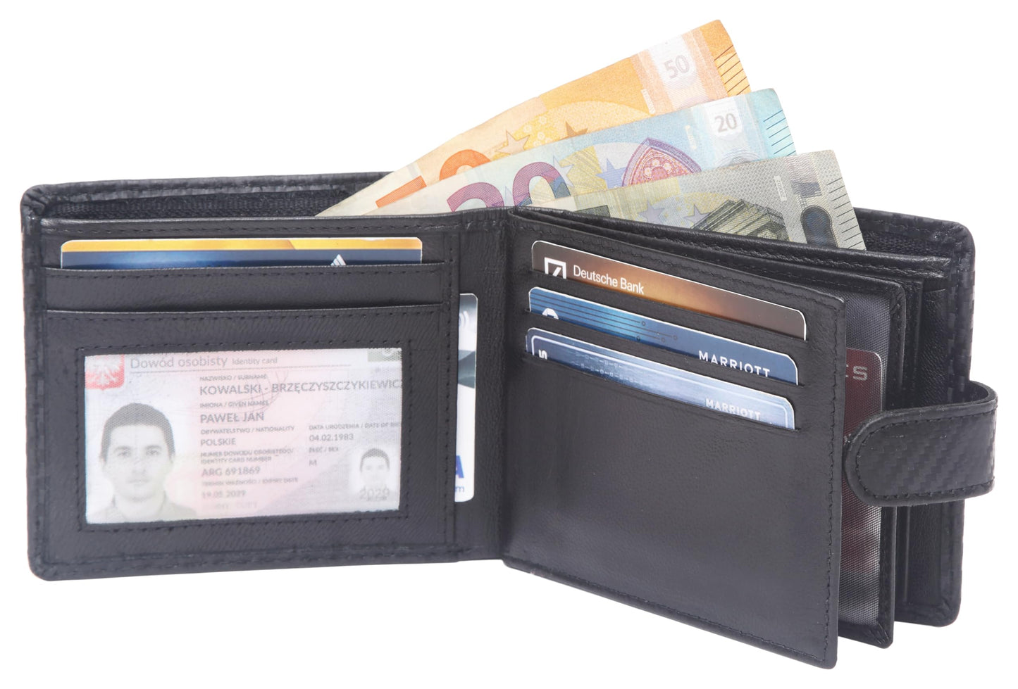 ODS:UK Mens RFID Blocking Safe Soft Leather Tri Fold Wallet Card Slots Id Window and Coin Pocket (Jet Black Carbon)