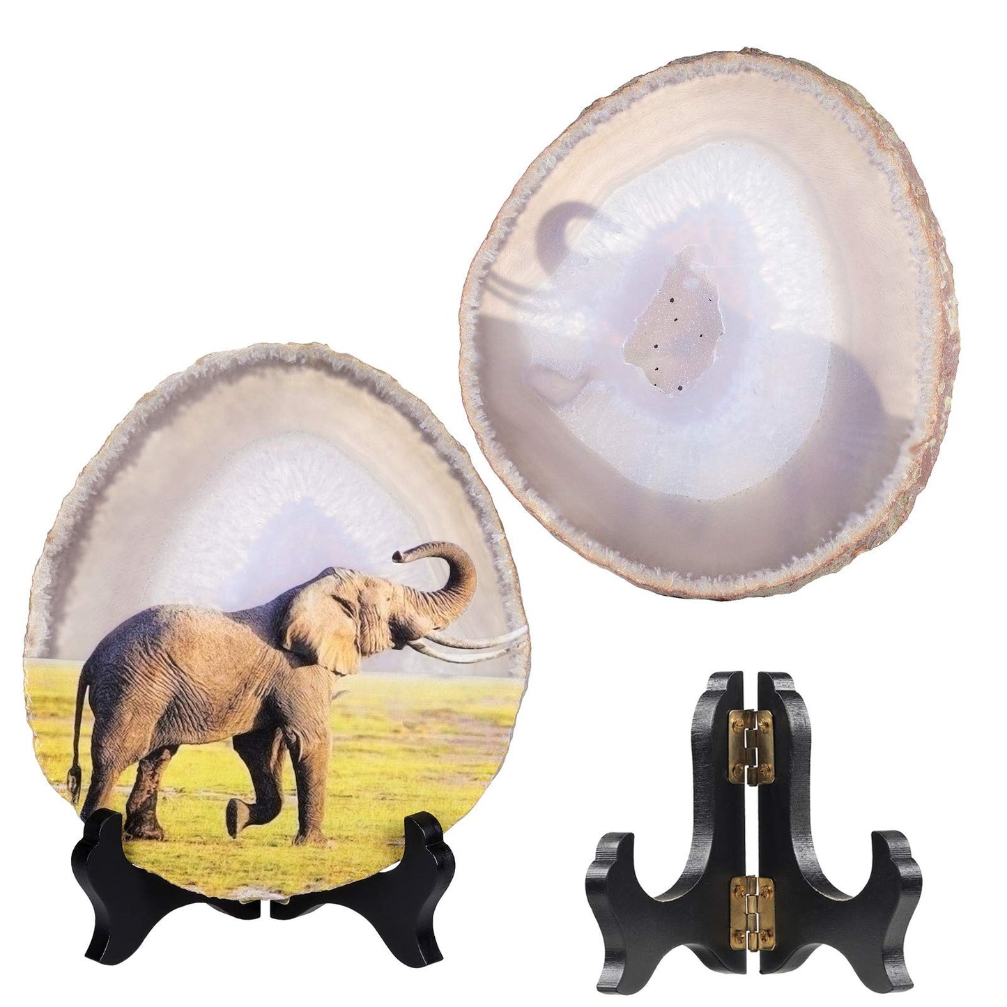 mookaitedecor Natural Agate Slice Art Print Elephant Table Display with Wooden Stand, Irregular Agate Geode Stone Figurine for Office & Home Decoration
