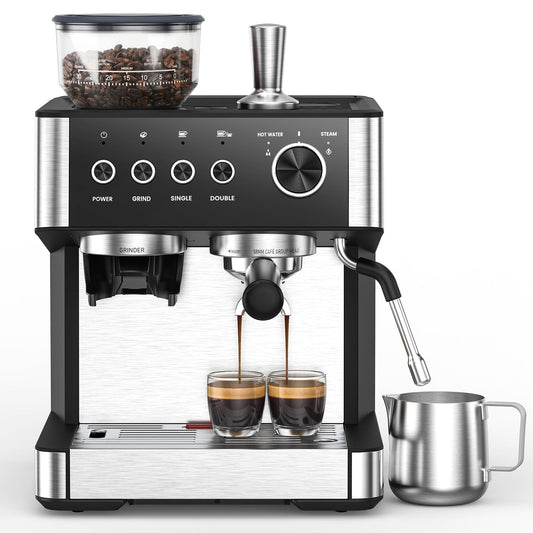(2026 Upgrade) Espresso Machine with Grinder, Expresso Coffee Machines with Built-in Anti-Clog Coffee Grinder/Milk Steam Wand/Frother, Expresso Machines for Home Perfect Cappuccino & Latte-Gloss Black